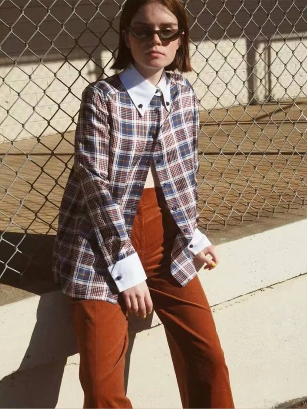 NWT Tory Burch Garrett Silk Plaid Long-Sleeve Blouse with Contrast Collar